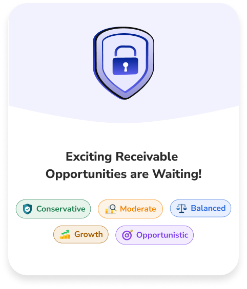 Marketing card with a lock shield icon and five risk profiles: Conservative, Moderate, Balanced, Growth, Opportunistic.